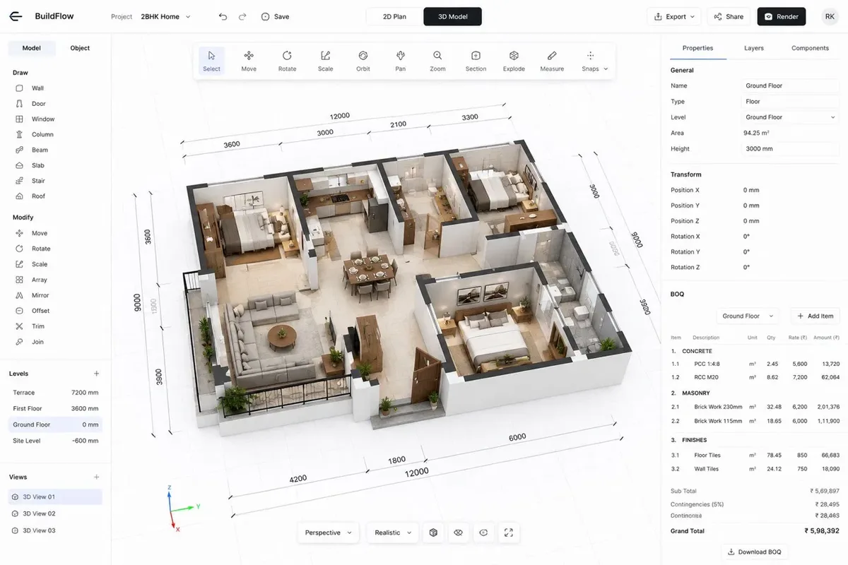 Furnished 3D IFC building model with a pool, opened in the BuildFlow browser viewer