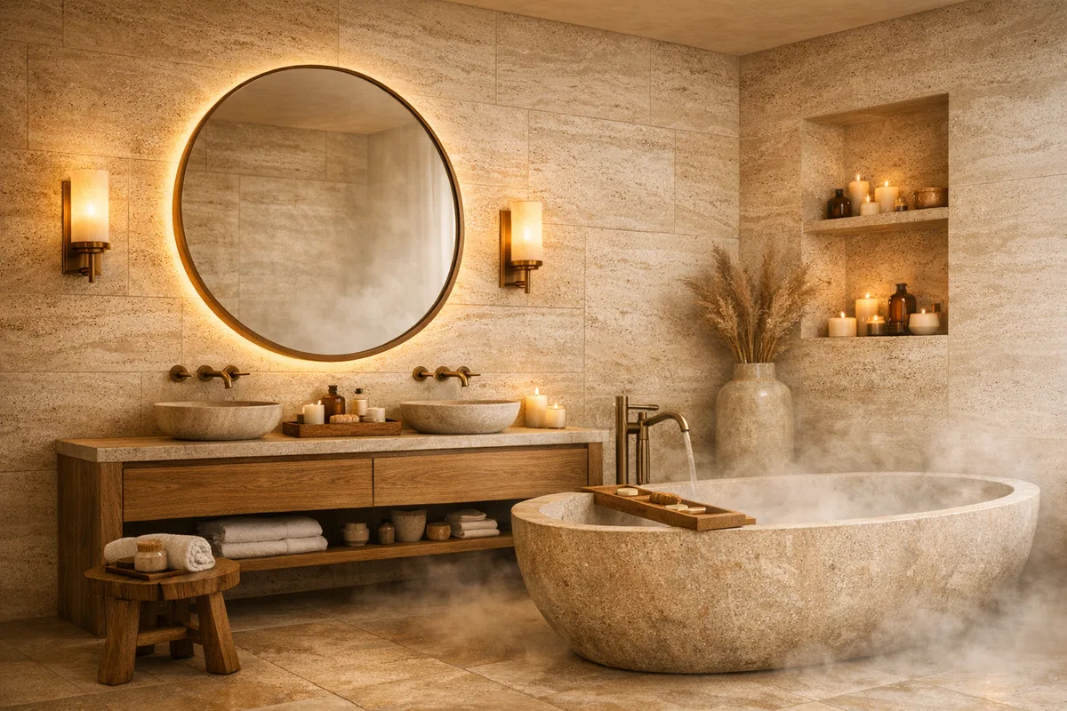 Four photoreal interior renders — lounge, dining room, bedroom and bathroom — generated from one brief