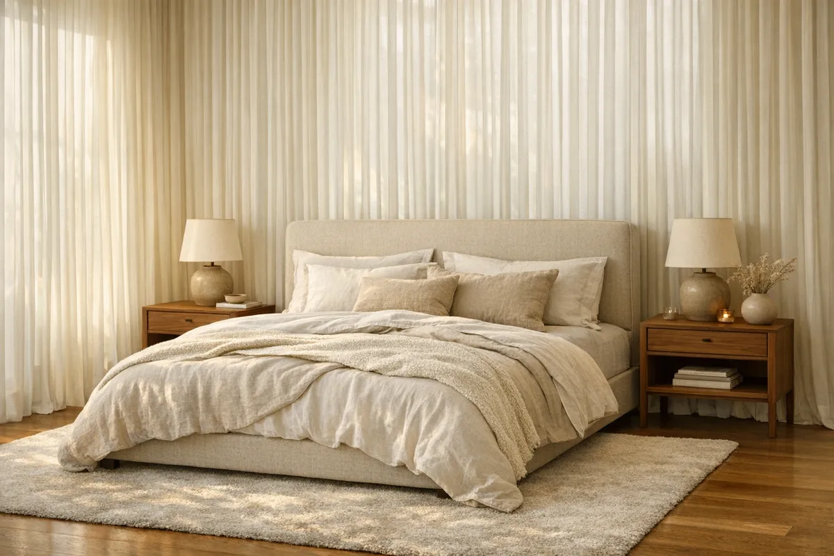 Four photoreal interior renders — lounge, dining room, bedroom and bathroom — generated from one brief