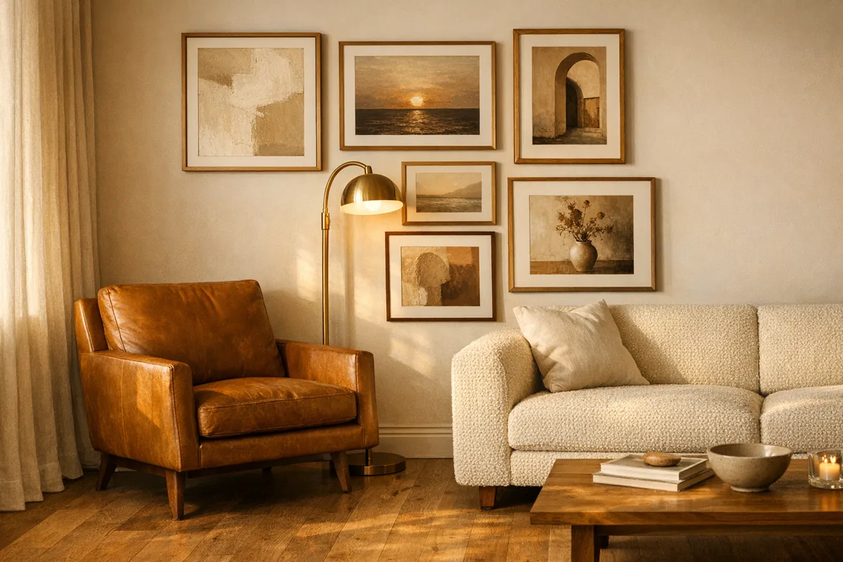 Four photoreal interior renders — lounge, dining room, bedroom and bathroom — generated from one brief