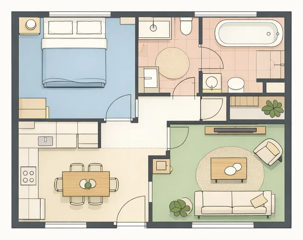 Colour-coded 2D floor plan with room labels in the BuildFlow floor-plan editor