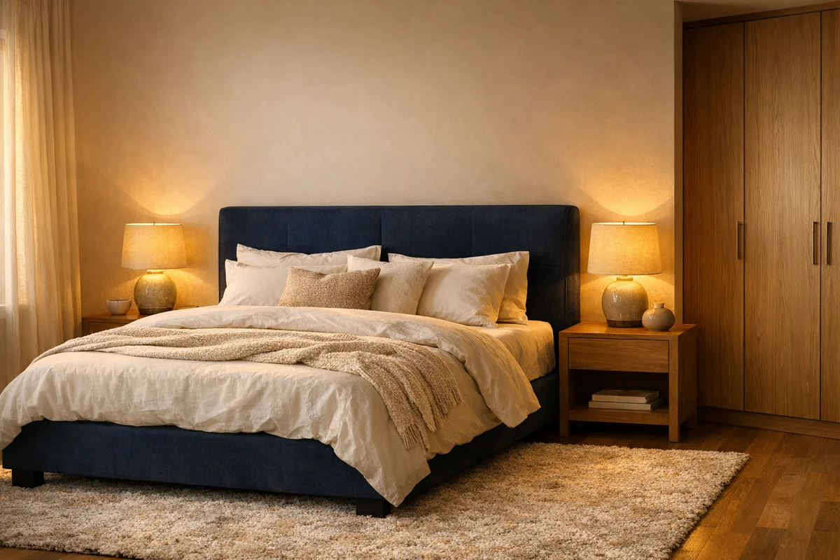 Photoreal premium bedroom render — opens the walkthrough video section