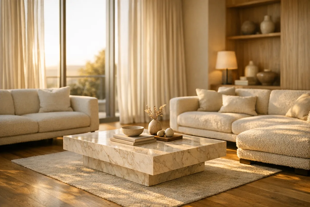Photoreal warm living room render in golden-hour light