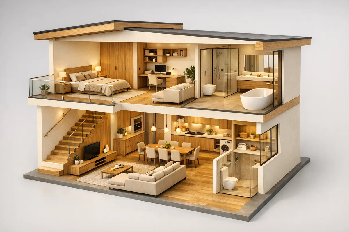Furnished 3D cutaway model of a two-storey home