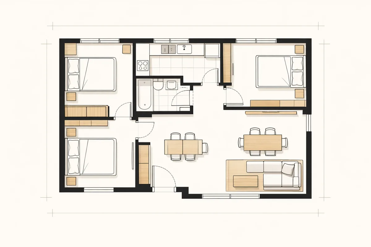 Minimal architectural floor plan of a two-bedroom apartment with furniture layout